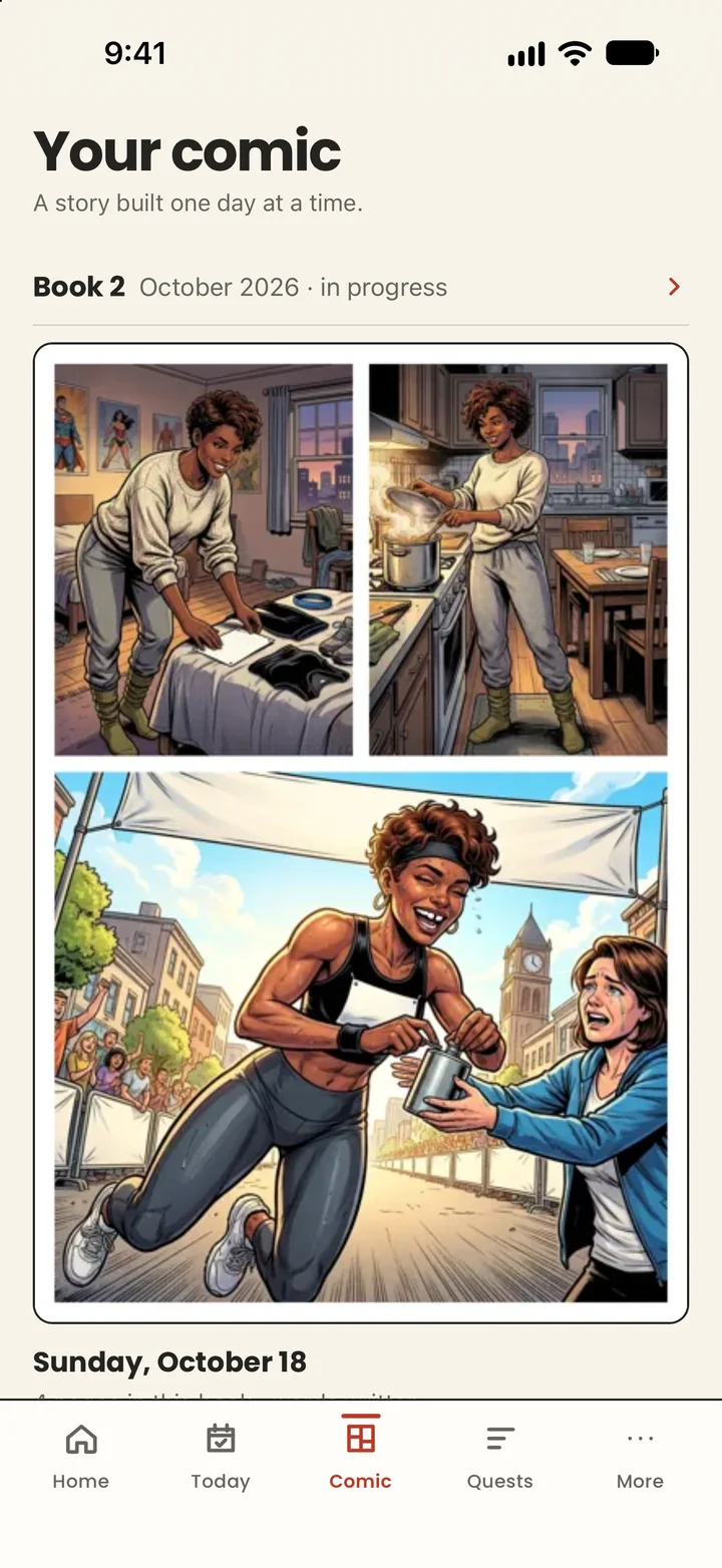 The comic shelf: Book 2 with its drawn cover, and the week's two pages side by side
