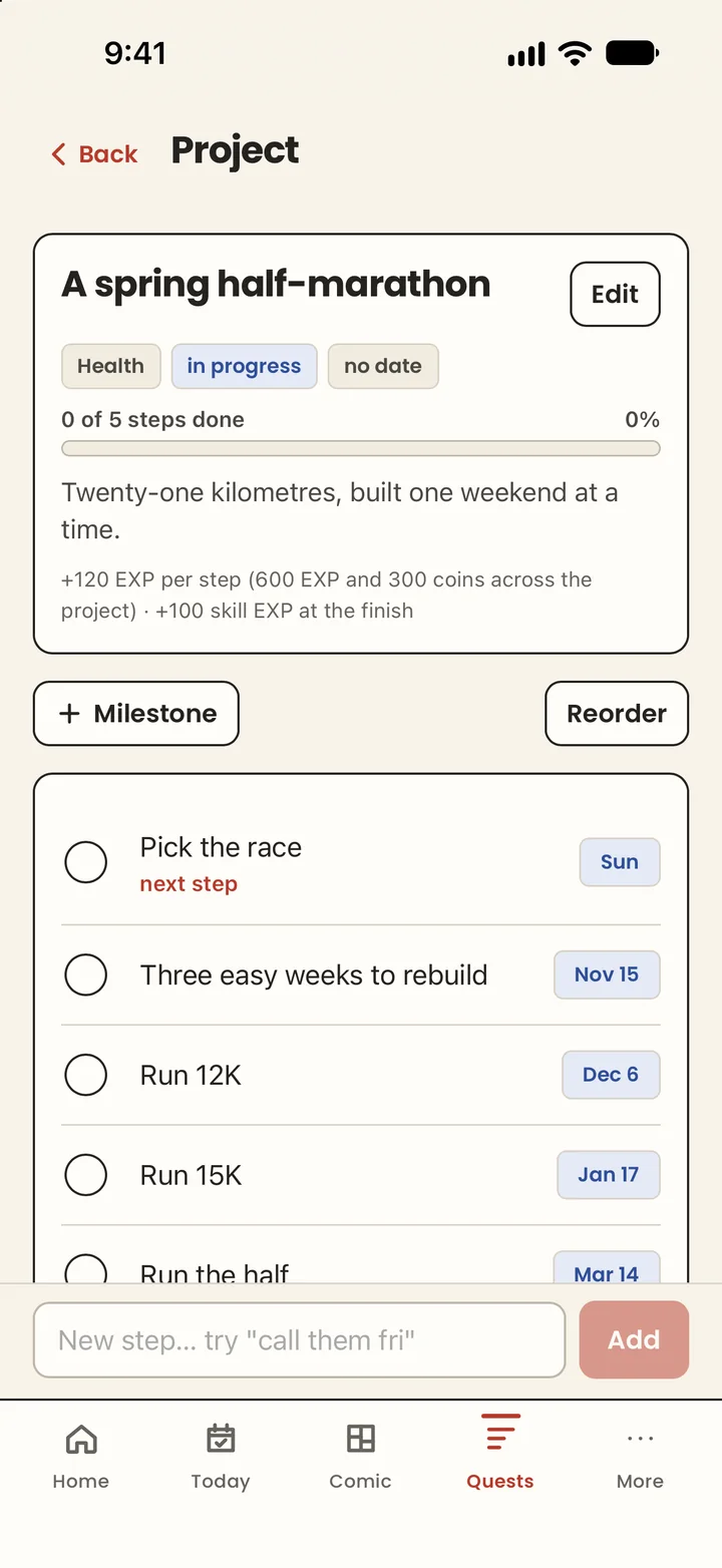 A project called A spring half-marathon with its steps: pick the race, three easy weeks, run 12K