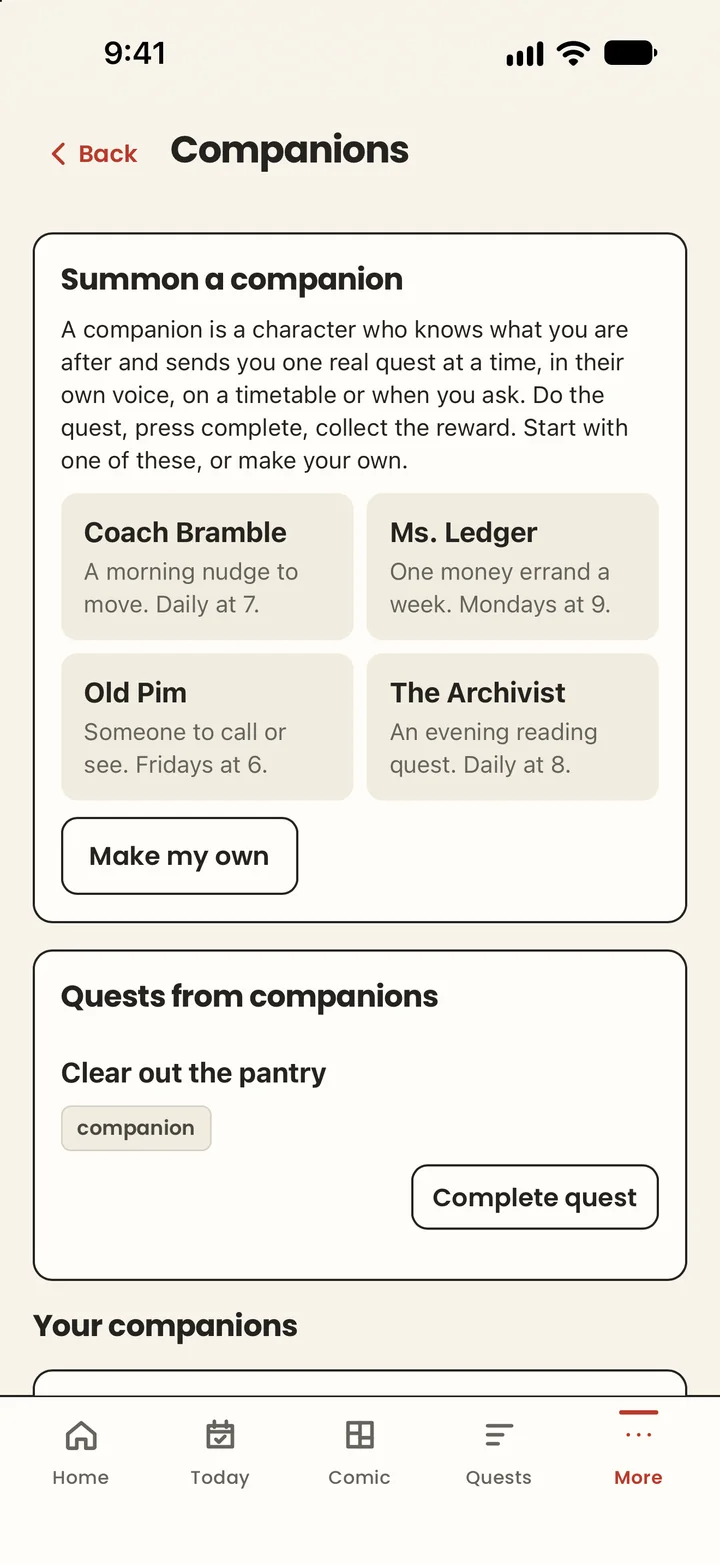Companions: Coach Bramble, Ms. Ledger, Old Pim and The Archivist to summon, and the quests they have sent