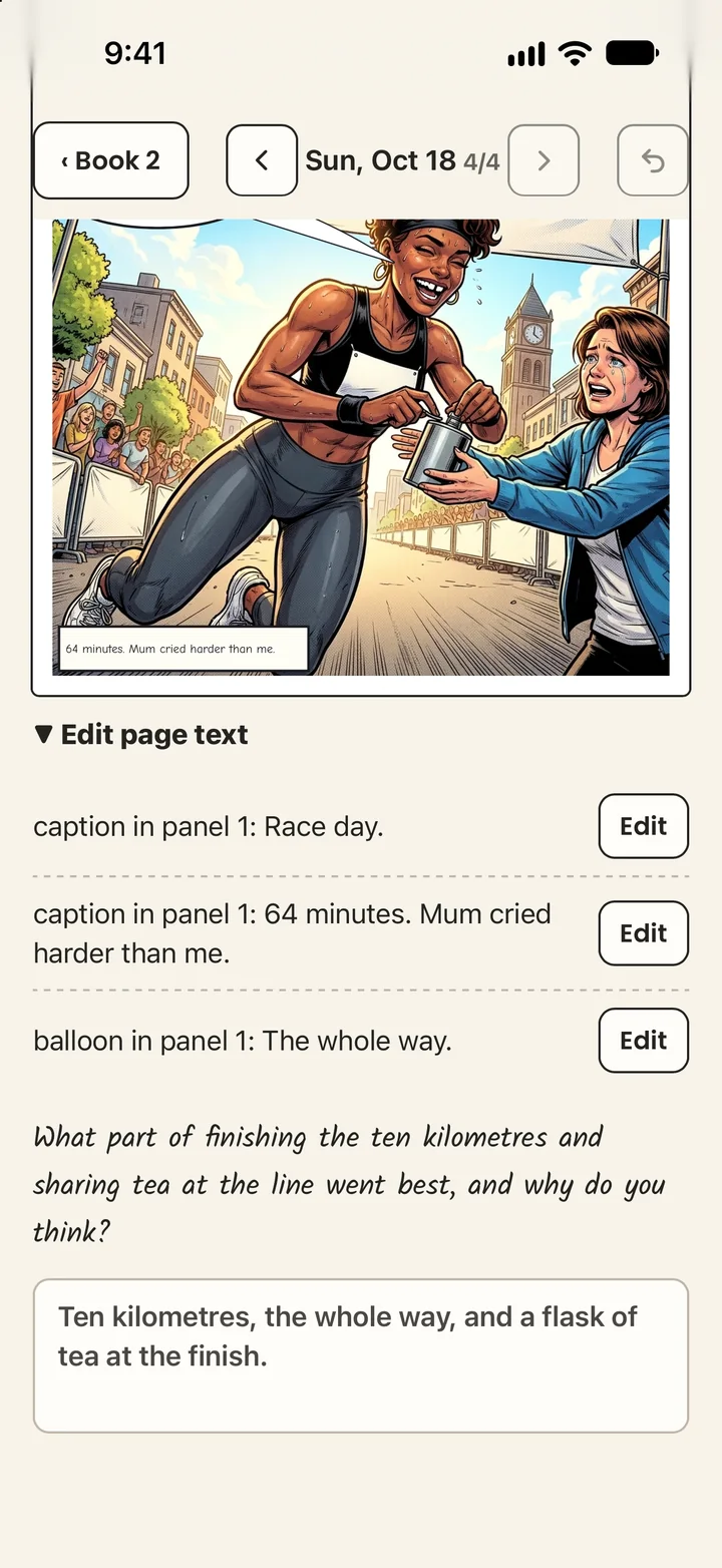 Editing a page's text: the captions and the balloon of race day, each with an Edit button