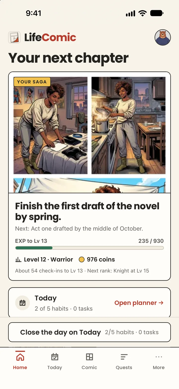 The home screen with Otis the bear as the hero at level 12